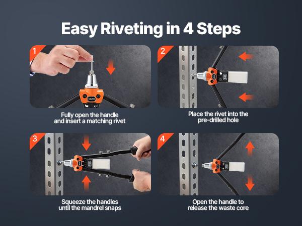 VEVOR Pop Rivet Gun Kit, with 230 Blind Rivets, Two-Handed Riveter with 5 Interchangeable Nosepieces, 5 Drill Bits, and a Carrying Case, Manual Riveting Tool for Metal, Automotive, Home, and DIY