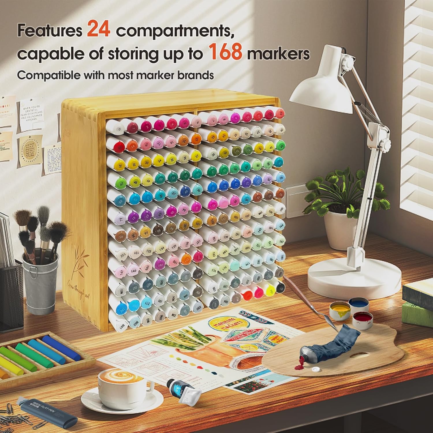 Marker Organizer for 168 Markers, Wooden Desk Storage Organizer Rack,Markers Pens Pencils Art Brushes Storage Holder for  Classroom Office Decor.