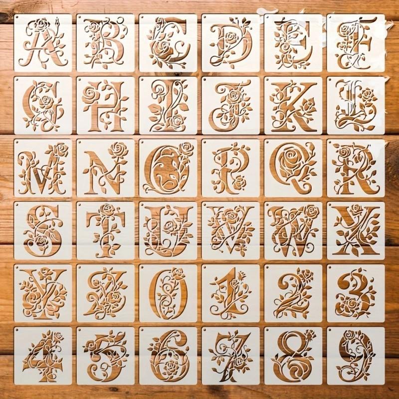 36 Floral Alphabet Number Stencils, Reusable Rose Letter Painting Stencils, Hollow Graffiti Stencils, Wall Stickers, Spray Molds, Crafts