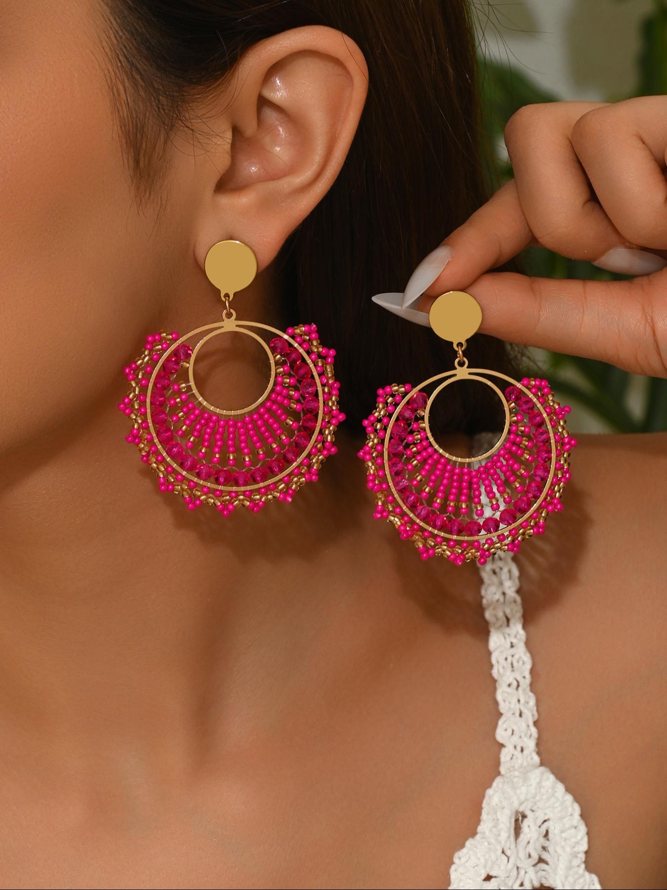 1 pair Boho Style Handmade Beaded Dangle Earrings, Vintage Ethnic Multicolor Jewelry, Perfect for Weddings, Parties, Festivals, Gifts