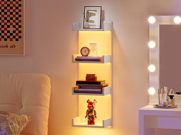 HOOBRO Wall Shelf with LED Remote Control Lights, 4-Tier Floating Shelves Wall-Mounted for Storage, Vertical Display Stand, Modern Column Rack, for Bedroom, Living Room, Hallway, White Interior Decoration Items HOOBRO Wall Shelf with LED Remote Control Lights, 4-Tier Floating Shelves Wall-Mounted for Storage, Vertical Display Stand, Modern Column Rack, for Bedroom, Living Room, Hallway, White Interior Decoration Items