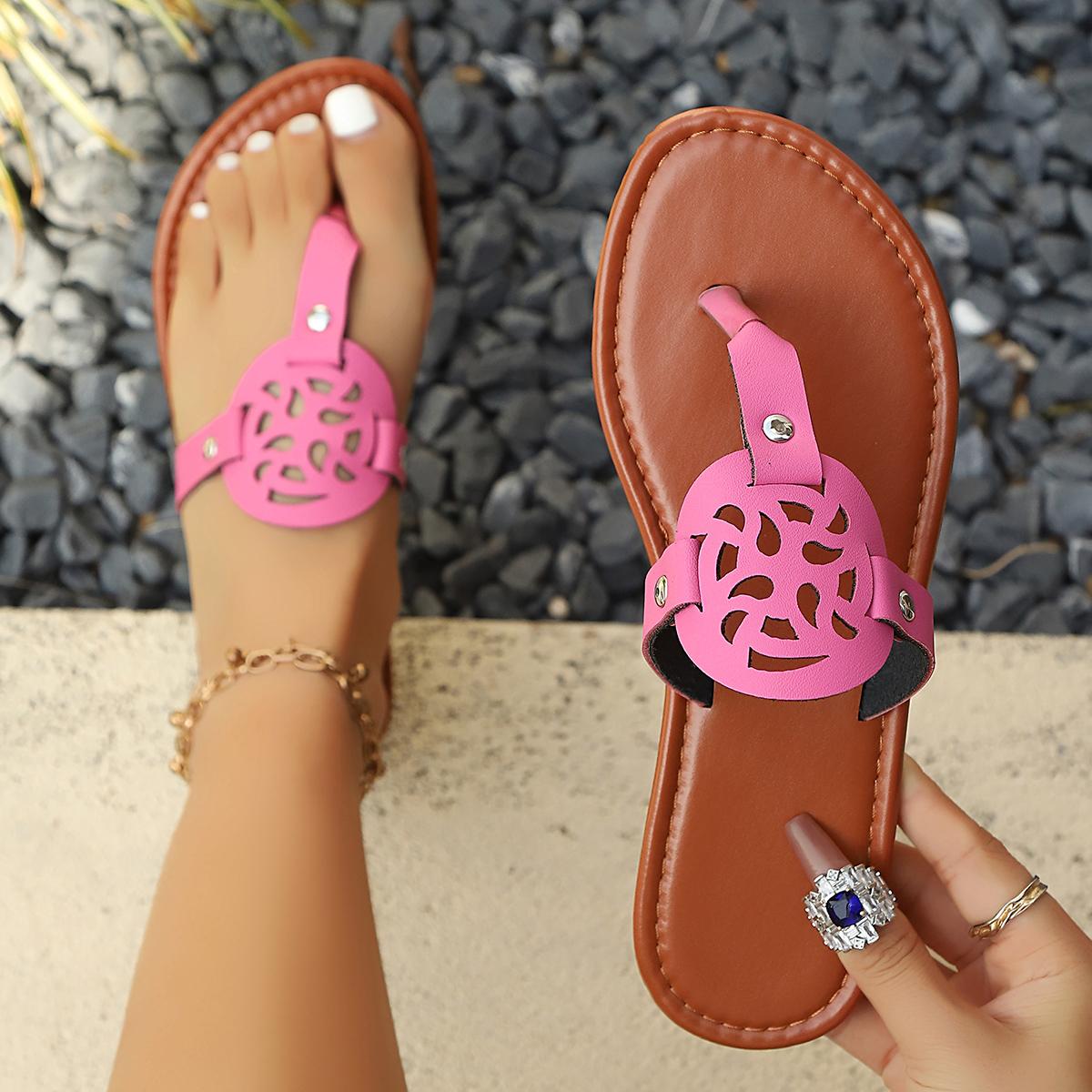 Women's Hollow-Out Cutout Flip-Flop Sandals, Strappy Summer Sandals, Summer New Flat Thong Slippers, Casual Versatile Beach Vacation Shoes
