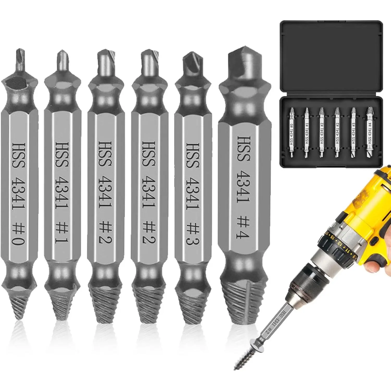 Stripped Broken Screw Remover 6Pcs Easy Out Damaged Bolt Extractor Set, Double Head HSS Extractor Bits, Household DIY Repair Tools, Power Tool Accessories, Screwdriver Bit Holder Clip for Rusted Rounded Damaged Screws