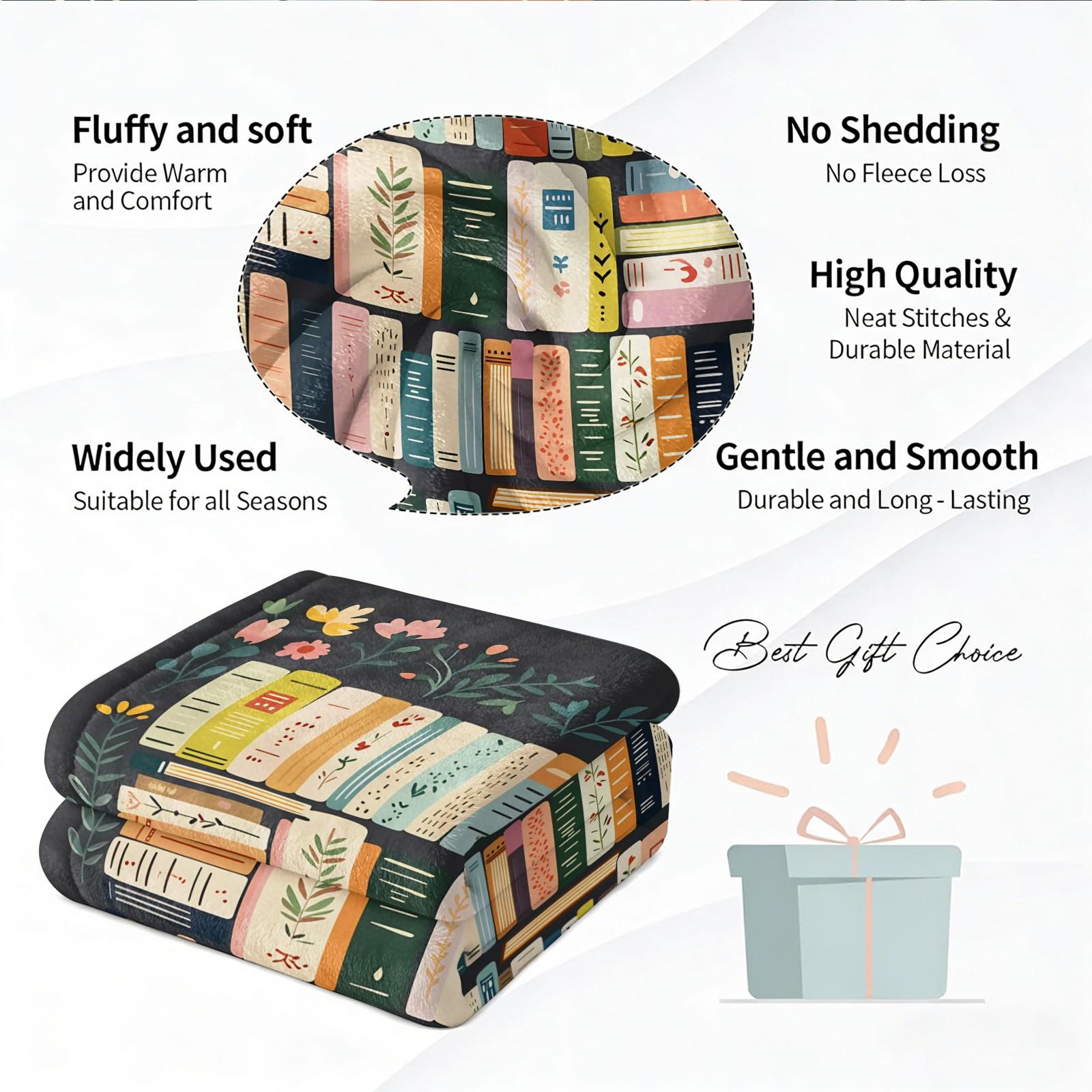 Bookish Floral Bookshelf Print Flannel Blanket, Aesthetic Botanical Warm Throw Blanket, Soft Cozy Nap Gift Blanket, Lightweight Decor Blanket for Couch Bed, All-Purpose Perfect Gift for Family and Friends