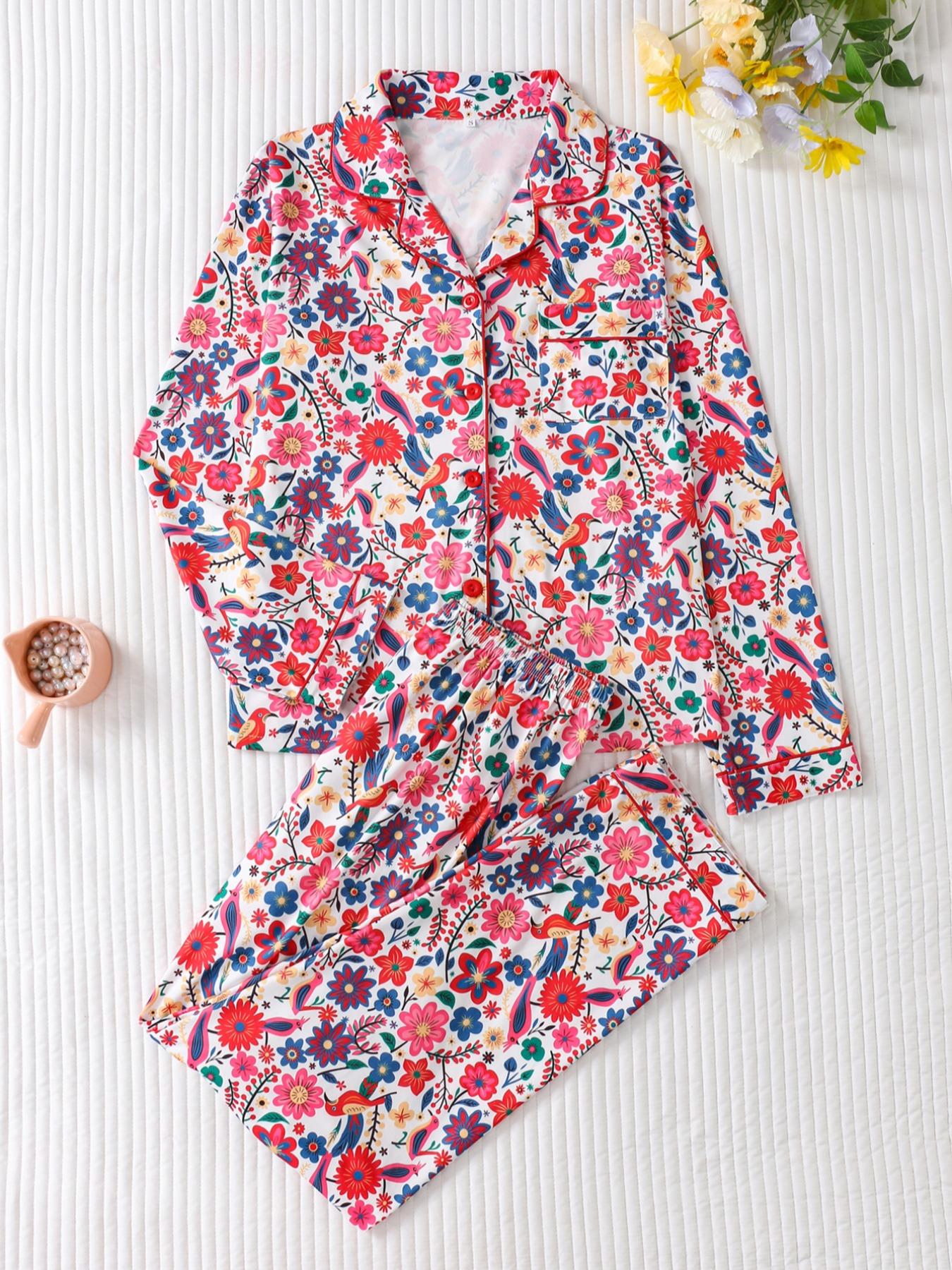 Women's Floral Print Pajama Set, Lapel Button Long Sleeve Top & Loose Comfortable Pants, Casual Fitted Sleepwear & Loungewear for All Seasons