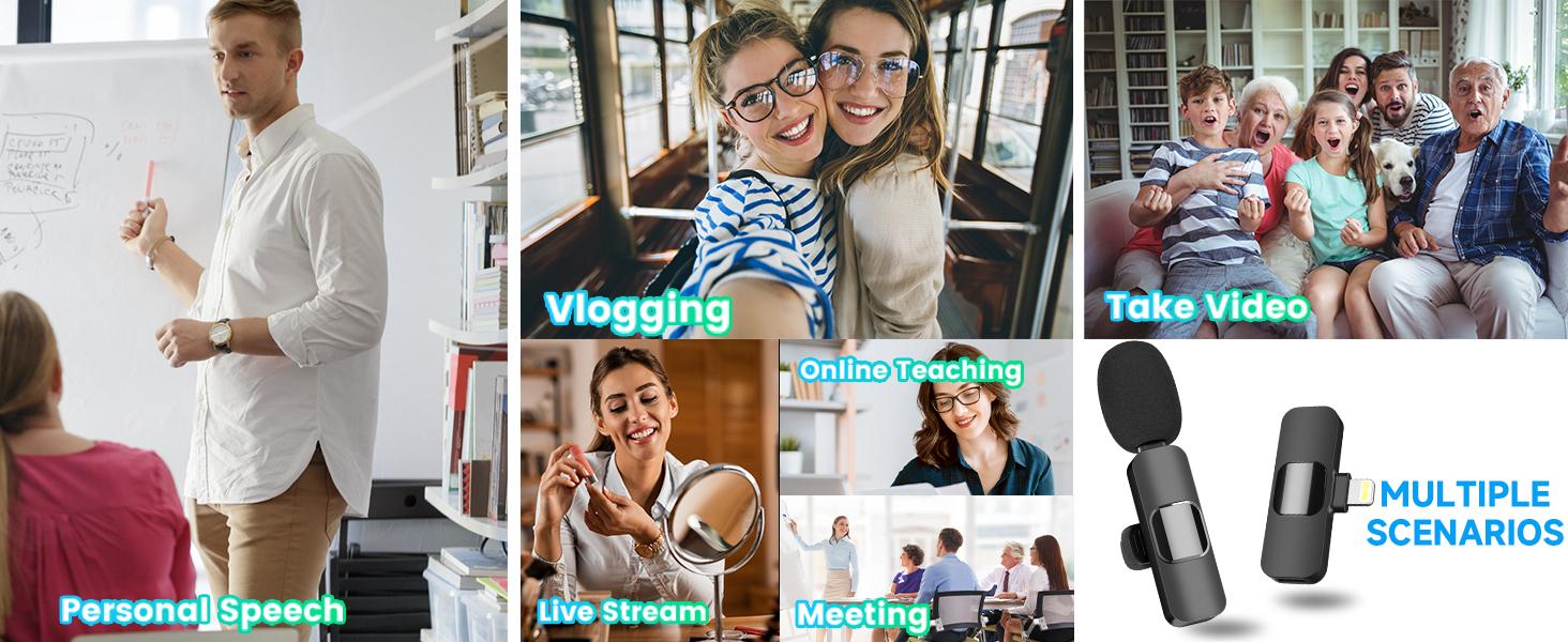 2024 2 Pack Wireless Lavalier Microphone for iPhone iPad, Lapel Mics Plug-Play 2.4G Ultra-Low Delay Built-in Noise Reduction Chip for Video Recording Interview Podcast Vlog