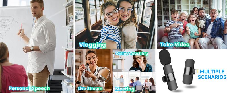 2024 2 Pack Wireless Lavalier Microphone for iPhone iPad, Lapel Mics Plug-Play 2.4G Ultra-Low Delay Built-in Noise Reduction Chip for Video Recording Interview Podcast Vlog