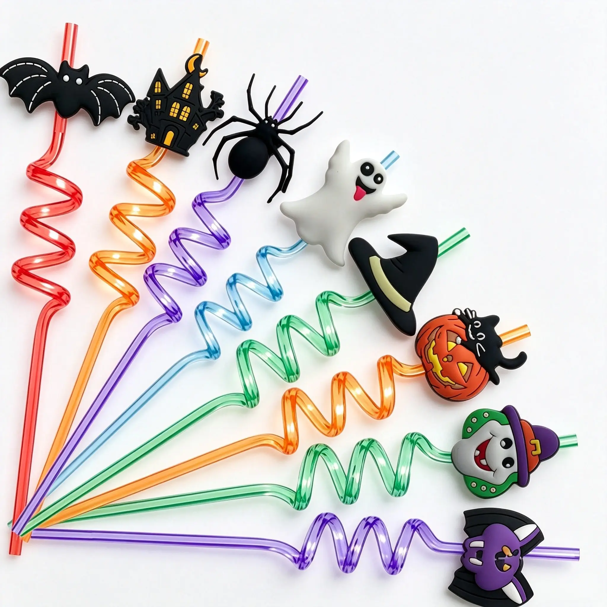 Halloween Spiral Straws Set of 8, Reusable Colorful Curved Plastic Straws, Bat Ghost Pumpkin Spider Witch Hat Decor, Party Gifts and Decorations