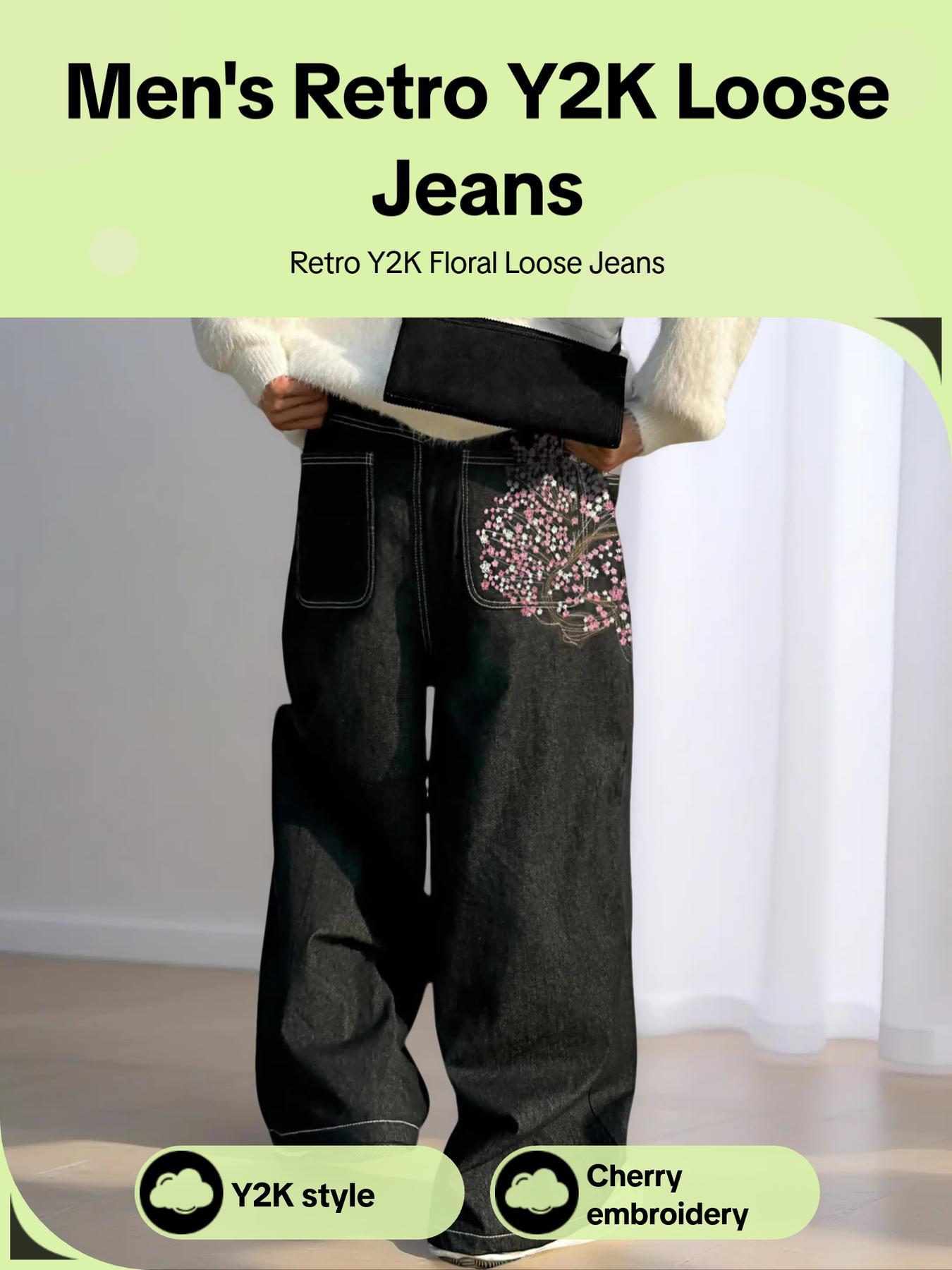 Men's Vintage Y2K Style Loose Wide Leg Denim Jeans, Floral Sakura