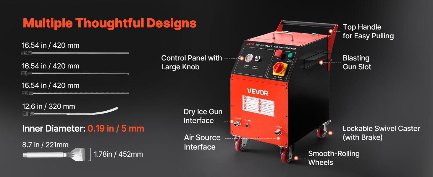 VEVOR Dry Ice Blasting Machine, 11LBS (5KG) Capacity Dry Ice Cleaning Machine with 4 Nozzles, Adjustable Pressure Dry Ice Amount, Movable Blaster Cleaner for Automotive Ship Aviation Chemical, 120V