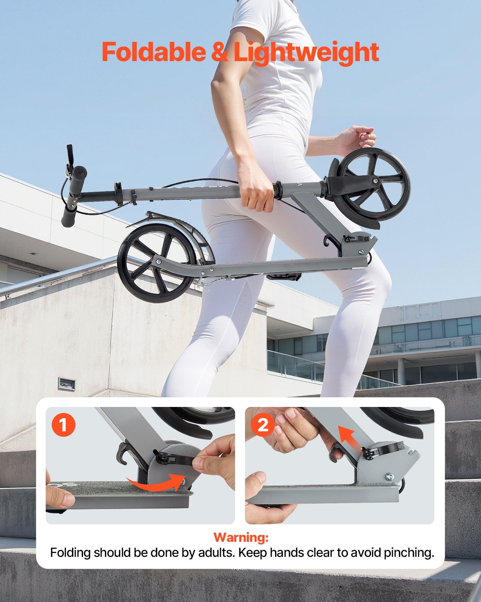 fathersdaygift VEVOR Kick Scooter for Kids Ages 8+, Teens Adults, 2-Wheel Toddler Scooter with Adjustable Height Handlebar, Wide Anti-Slip Deck, Foldable Lightweight Frame for Boys Girls up to 220 lbs, Gray