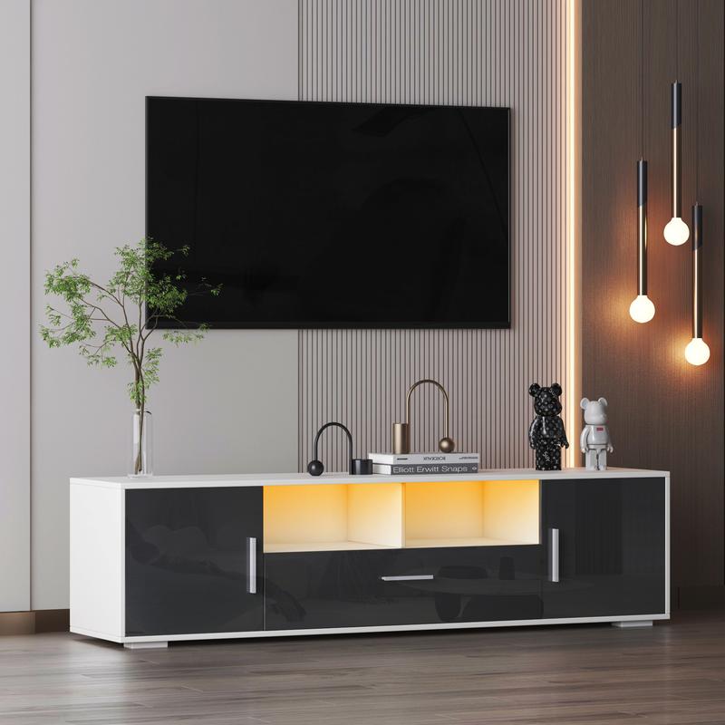 Modern LED TV Stand for 75 Inch TV, High Gloss 75 Inch TV Console Table, Mirrored Gray TV Entertainment Center with Storage Drawers and Lights for Living Room and Bedroom (Grey + White)