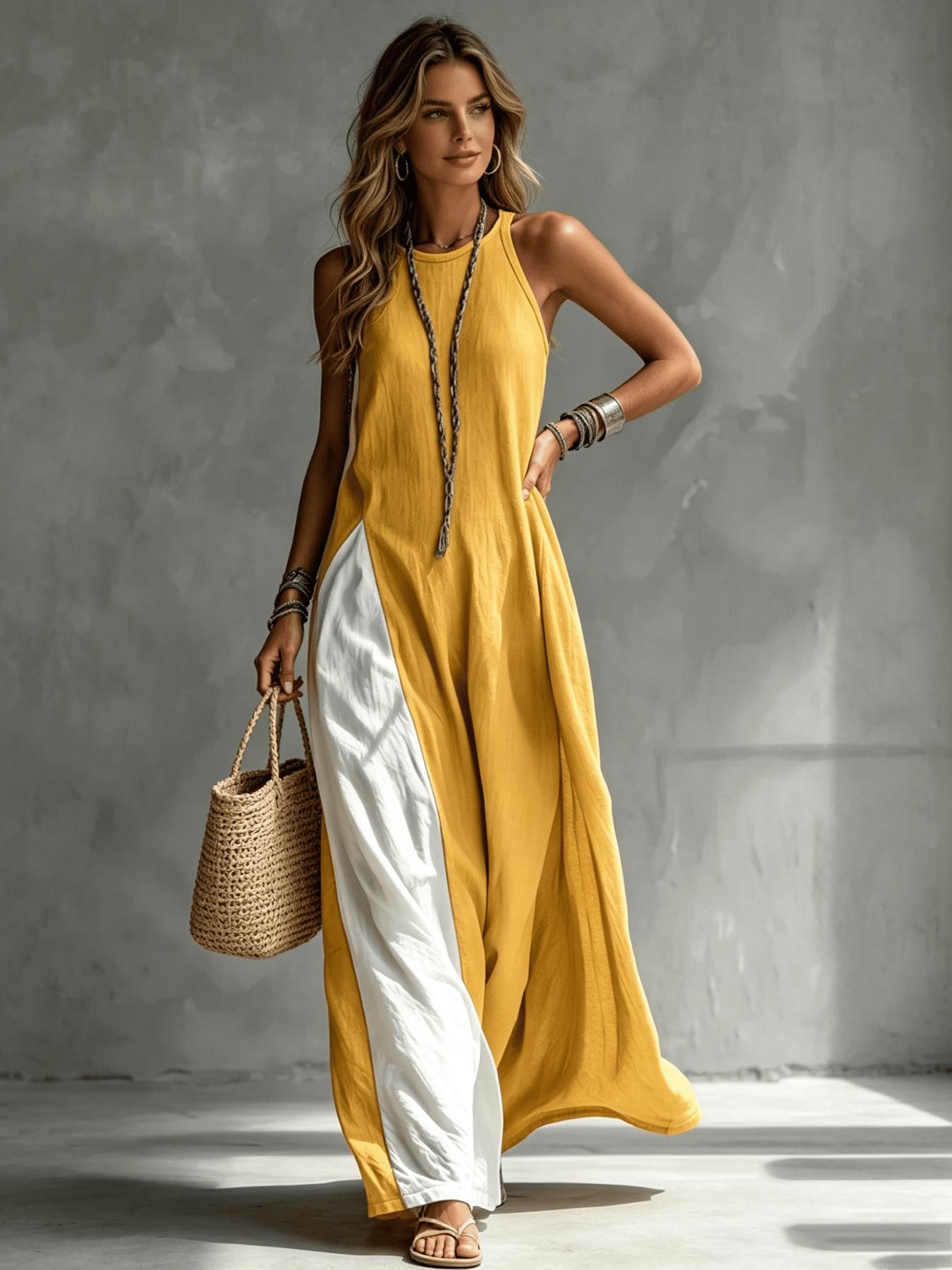 A women's color-blocking dress, Casual Beach Dress, Beach Resort Wear, with sleeveless vest, draping and flesh-concealing long skirt, suitable for summer, beach vacation, exploring shops, attending exhibitions, dating, and enjoying afternoon tea