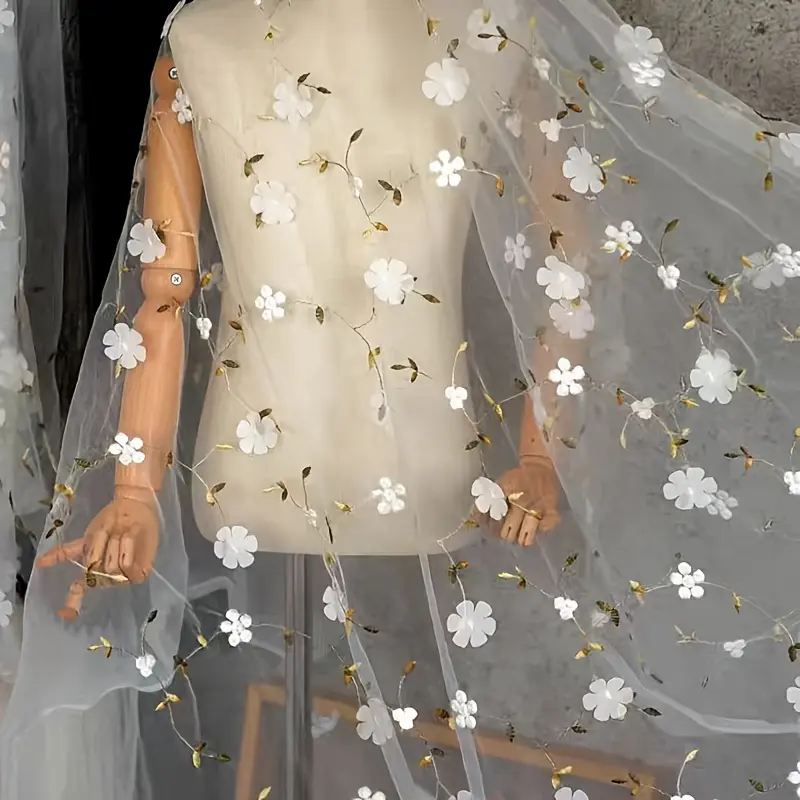 Floral Embroidered Tulle Fabric - Sheer Mesh for Wedding Dresses, DIY Crafts