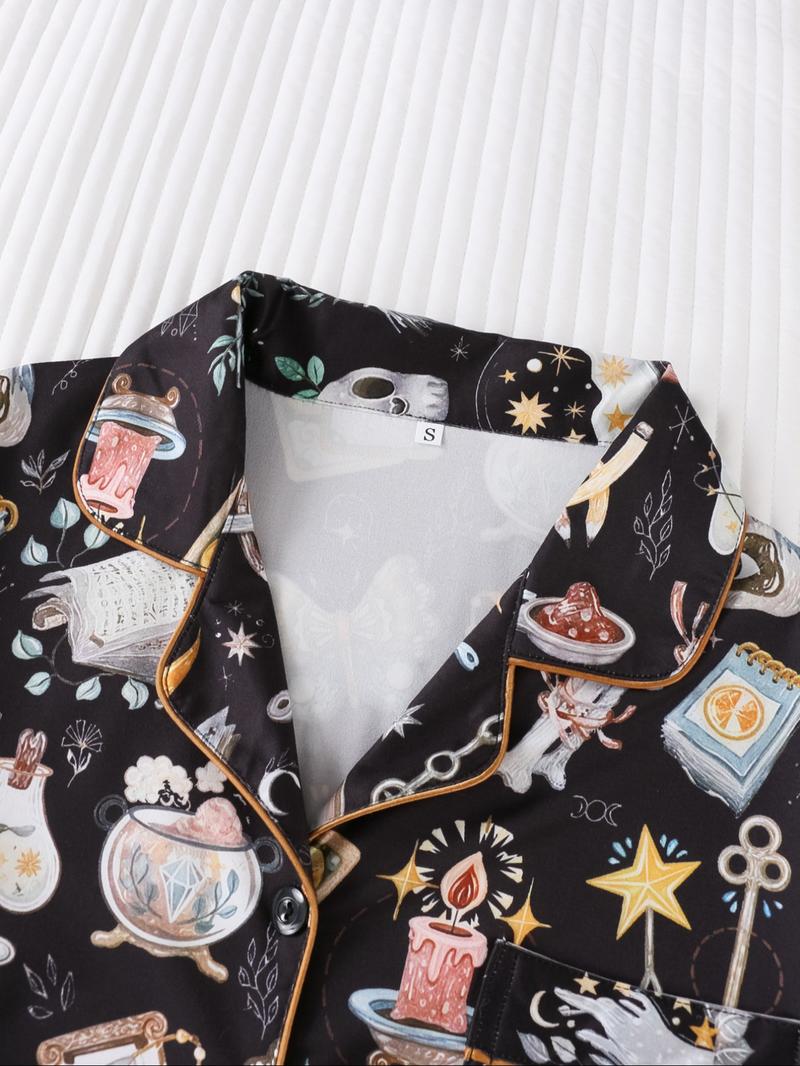 Women's All Over Print Pyjamas Two-piece Set, Casual Comfy Short Sleeve Lapel Neck Pajama Top & Elastic Waist Shorts PJ Set, Ladies Sleepwear, Loungewear Pajamas Set, Casual Pajama Sets