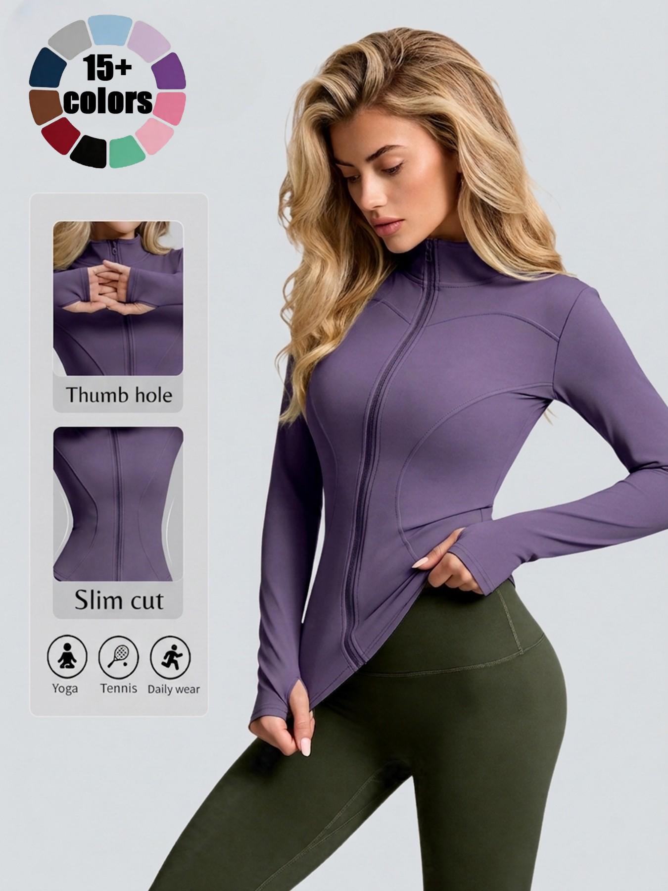 Women High Stretch Stand Collar Thumbhole Fitness Top, Breathable Running Slim Yoga Shirt, Long Sleeve Tight Workout Jacket, Workout Wear