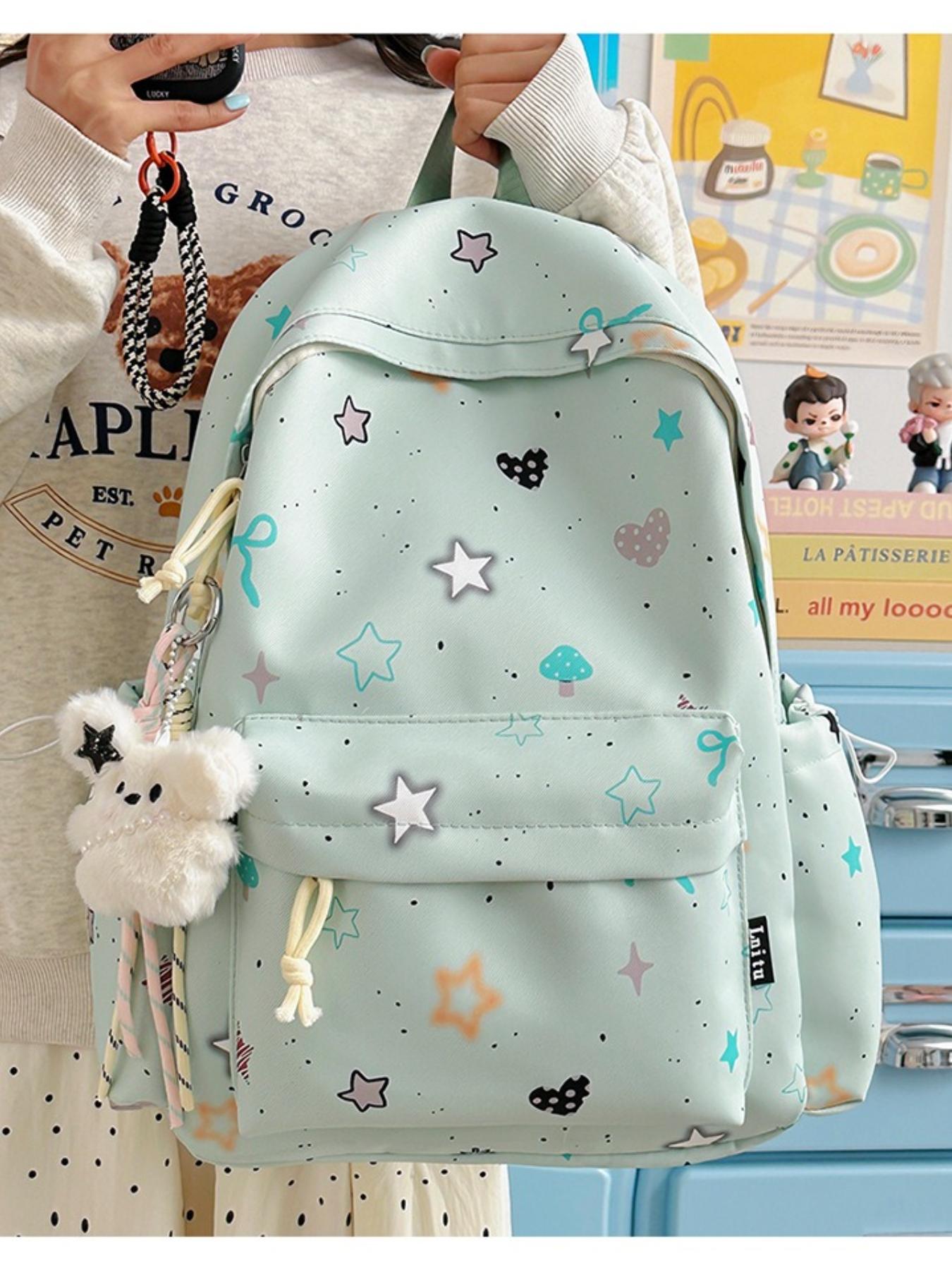 Cute Star Heart Print Backpack for Women, Fresh Casual Large Capacity Student Bag, Lightweight Nylon Travel Backpack