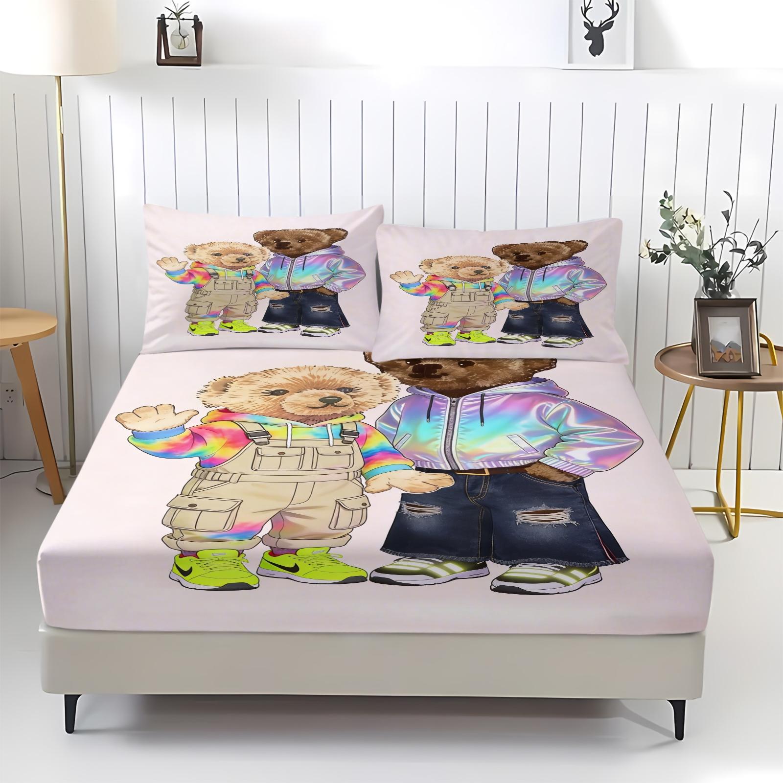 Teddy Bear Flower Pattern Bed Sheet, Comfortable Printed Pattern, Includes 1 Bed Sheet and 2 Pillowcases, Comfortable Bedding, Non slip Dust Cover Suitable for Bedroom and Guest Room, Suitable for Adult Gifts