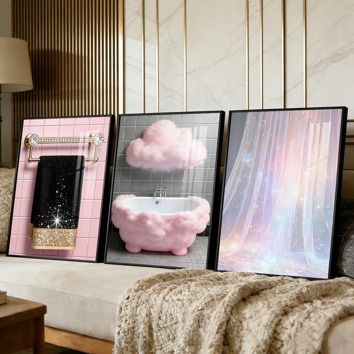 3 Counts Aluminum Alloy Framed Painting, Sparkling Bathroom Luxury Cloud And Curtain Art Pictures, Home Decoration For Living Room, Bedroom, Office, Restaurant, Hallway Wall Decor, Odorless Print Artwork, Luxury Perfect Gift For Friends And Family