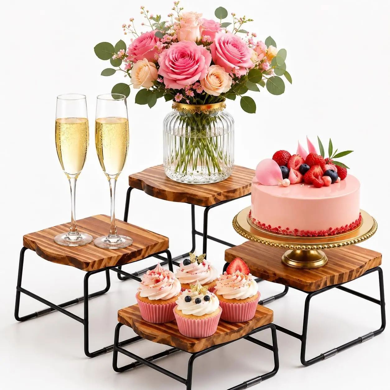 4 Piece Wood Buffet Risers, Dessert Table Risers Food Display Riser, Pizza Pan Riser, Cupcake Stand & Wood Display Risers, Nesting Food Platter and Plate Holder