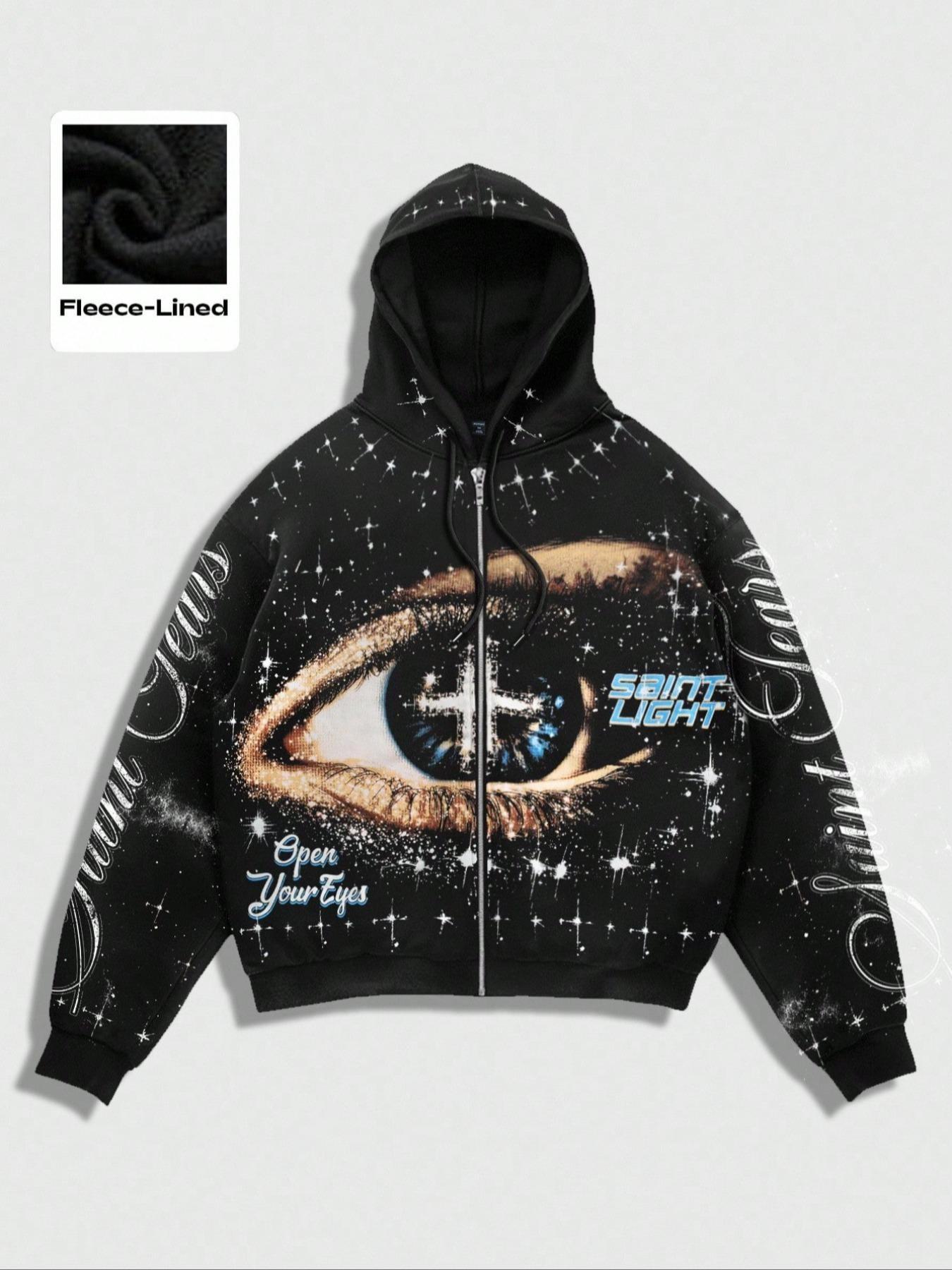 Saint Jesus Cross Eyes Men's Zipper Hoodie Sweatshirt, Y2K Style Cardigan Hoodie, Women's Starry Sky Print Punk Style Zipper Jacket, Graphic Print Hoodie, Music Festival