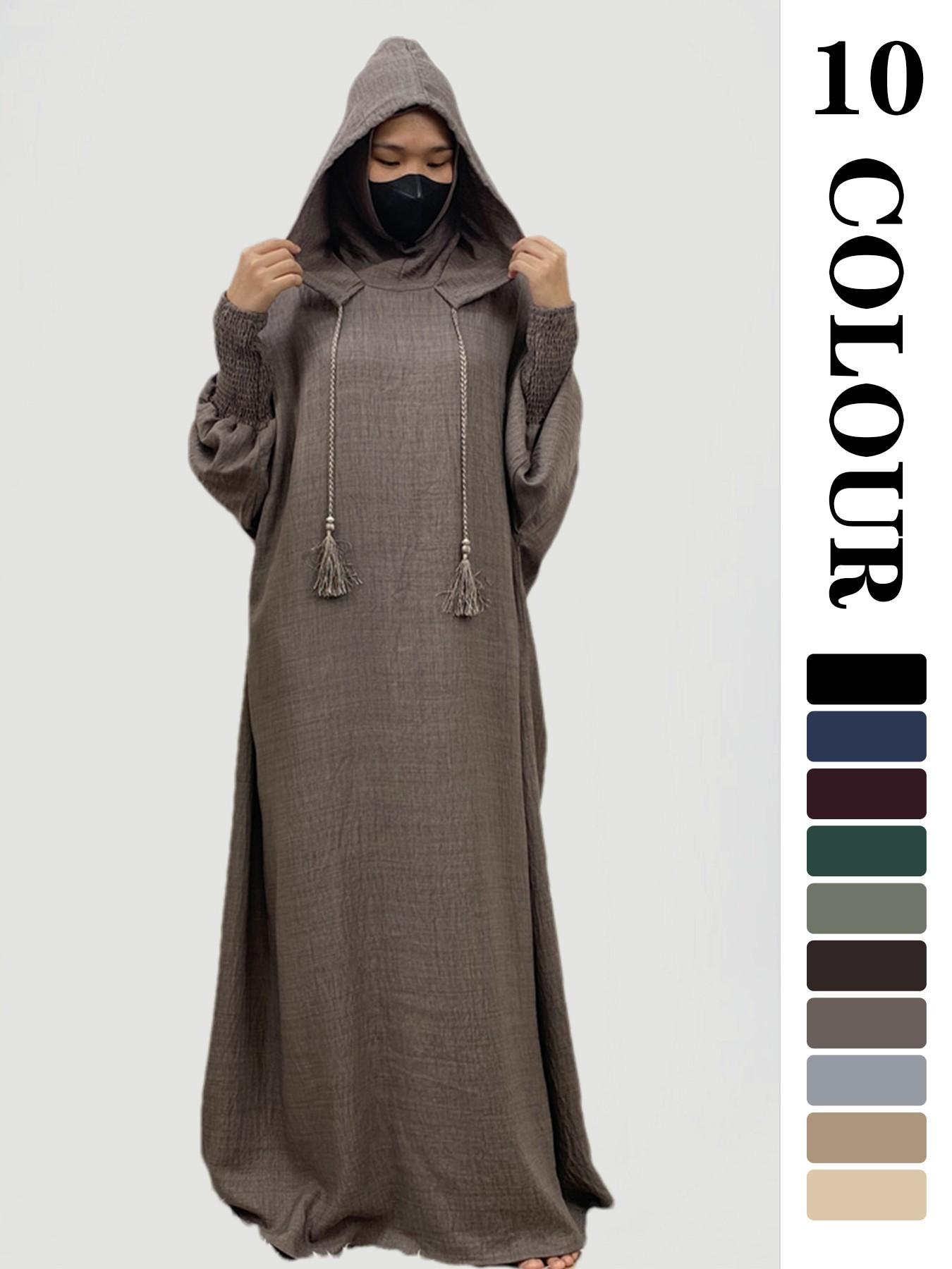 Women's Solid   Hooded   Dress, Casual Long Sleeve Dress for Fall & Winter, Women's Islamic Clothing for Daily Wear, Modesty Muslim Clothing