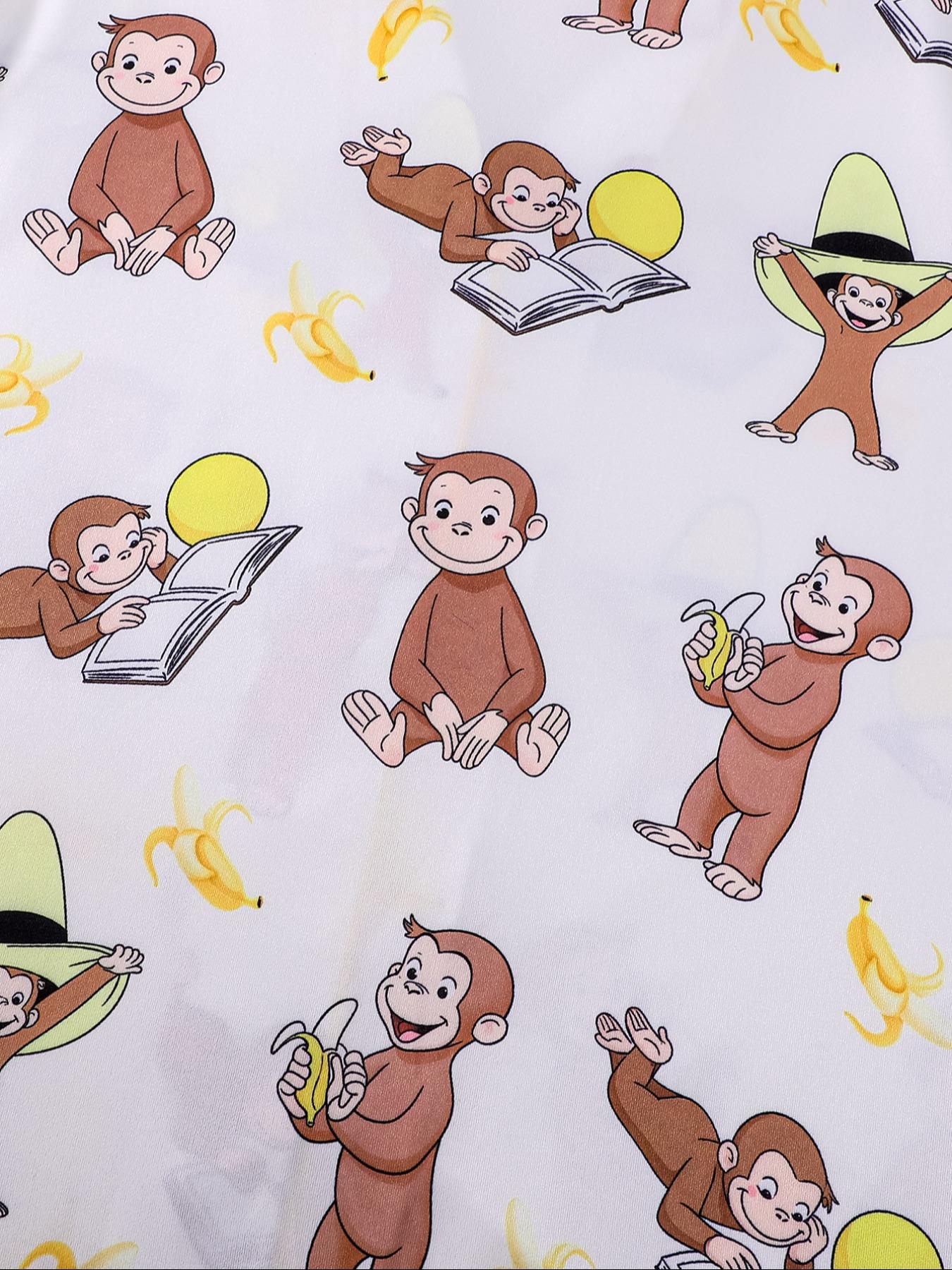 Women's Monkey Banana Print Pajama Set Pjs, Comfortable Long Sleeve Button Shirt & Elastic Pants, Casual Home Wear Loungewear for All Seasons