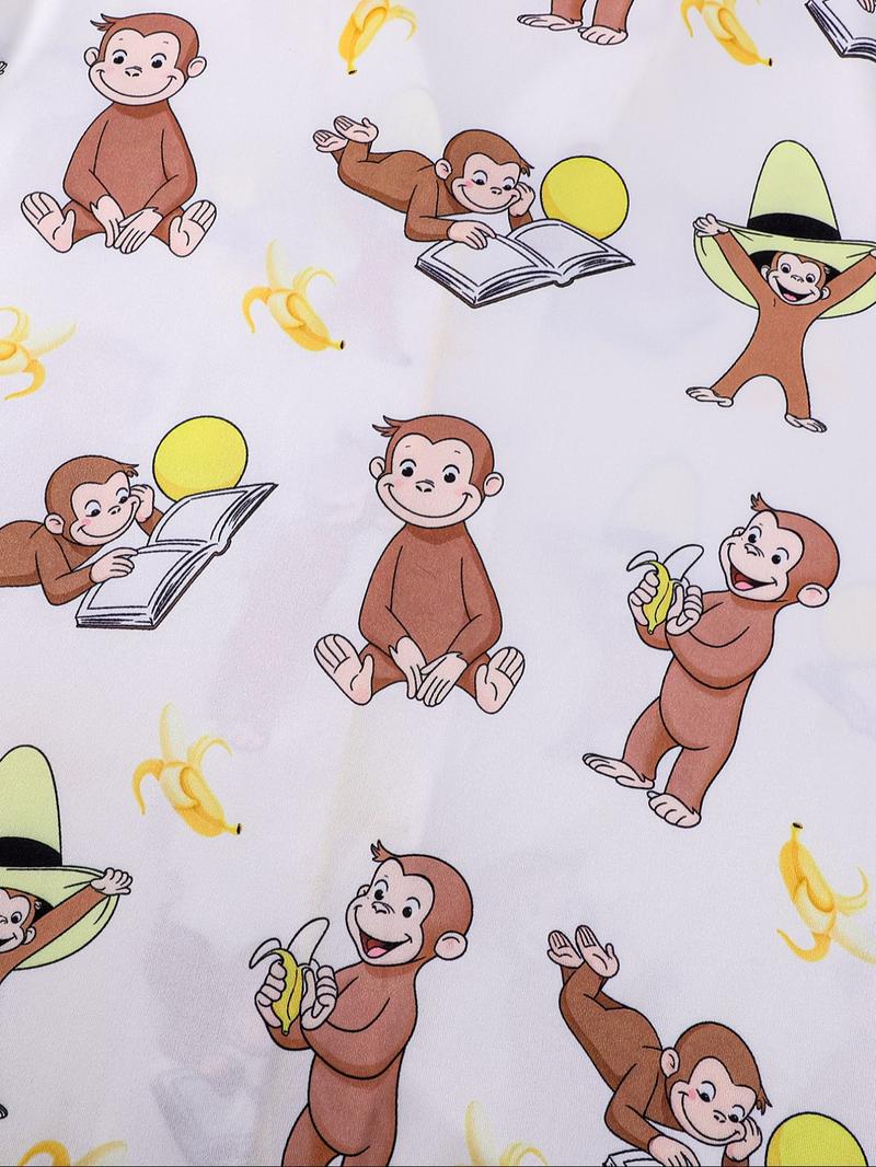 Women's Monkey Banana Print Pajama Set, Comfortable Long Sleeve Button Shirt & Elastic Pants, Casual Home Wear Loungewear for All Seasons