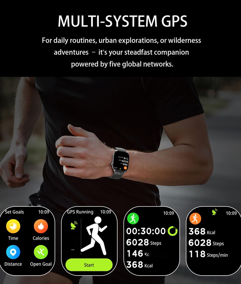 2.01-inch full touch screen, 350mAh ultra-long battery life, support for multiple languages, over 100 sports modes, five-star GPS tracking, 1ATM deep water resistance, wireless call, voice assistant, message notification, low power consumption, etc