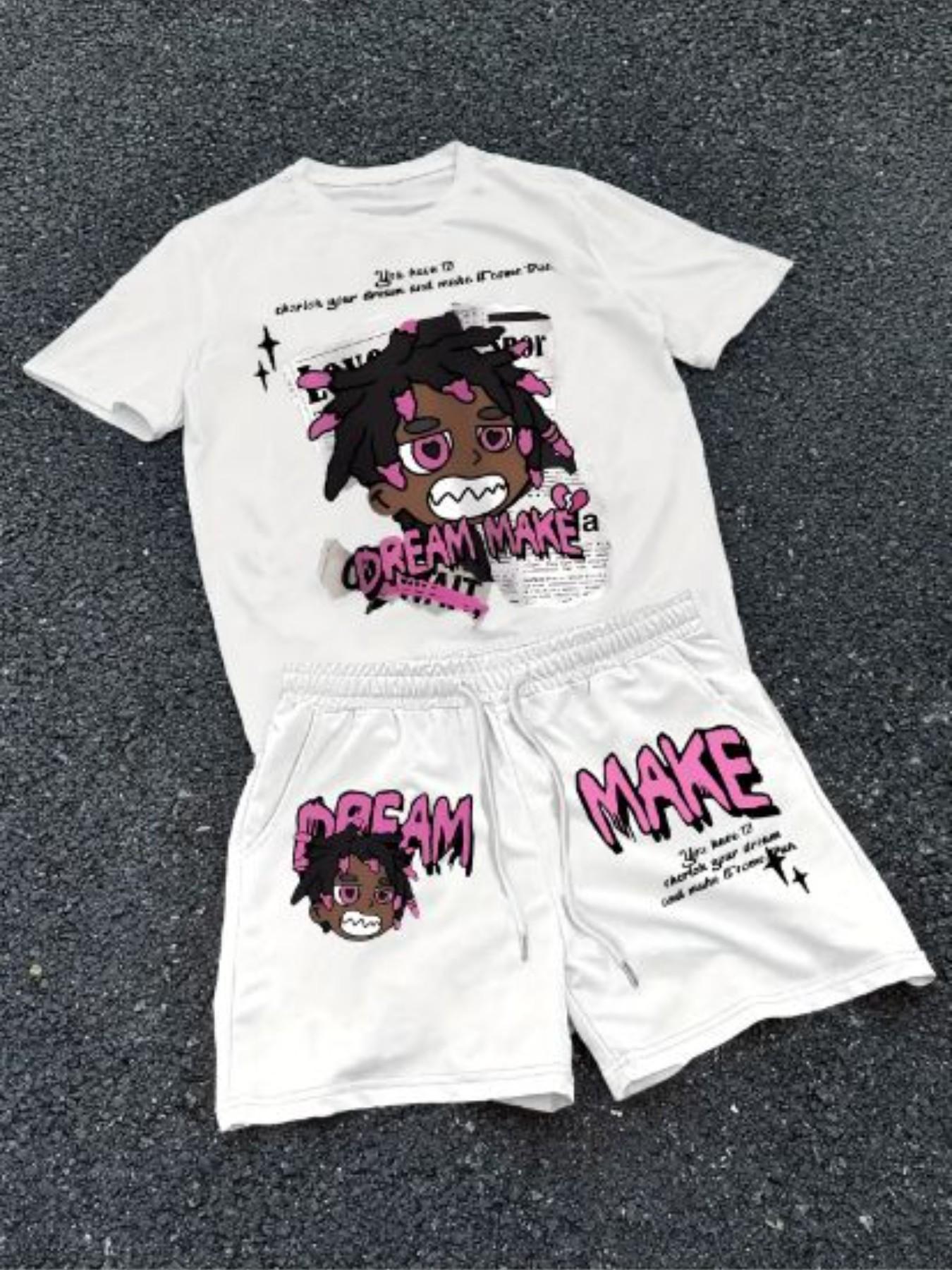 Summer Breathable Two-Piece Set, Cartoon Pattern Round Neck T-Shirt and Drawstring Shorts, Ideal for Outdoor Activities and Backpack Travel