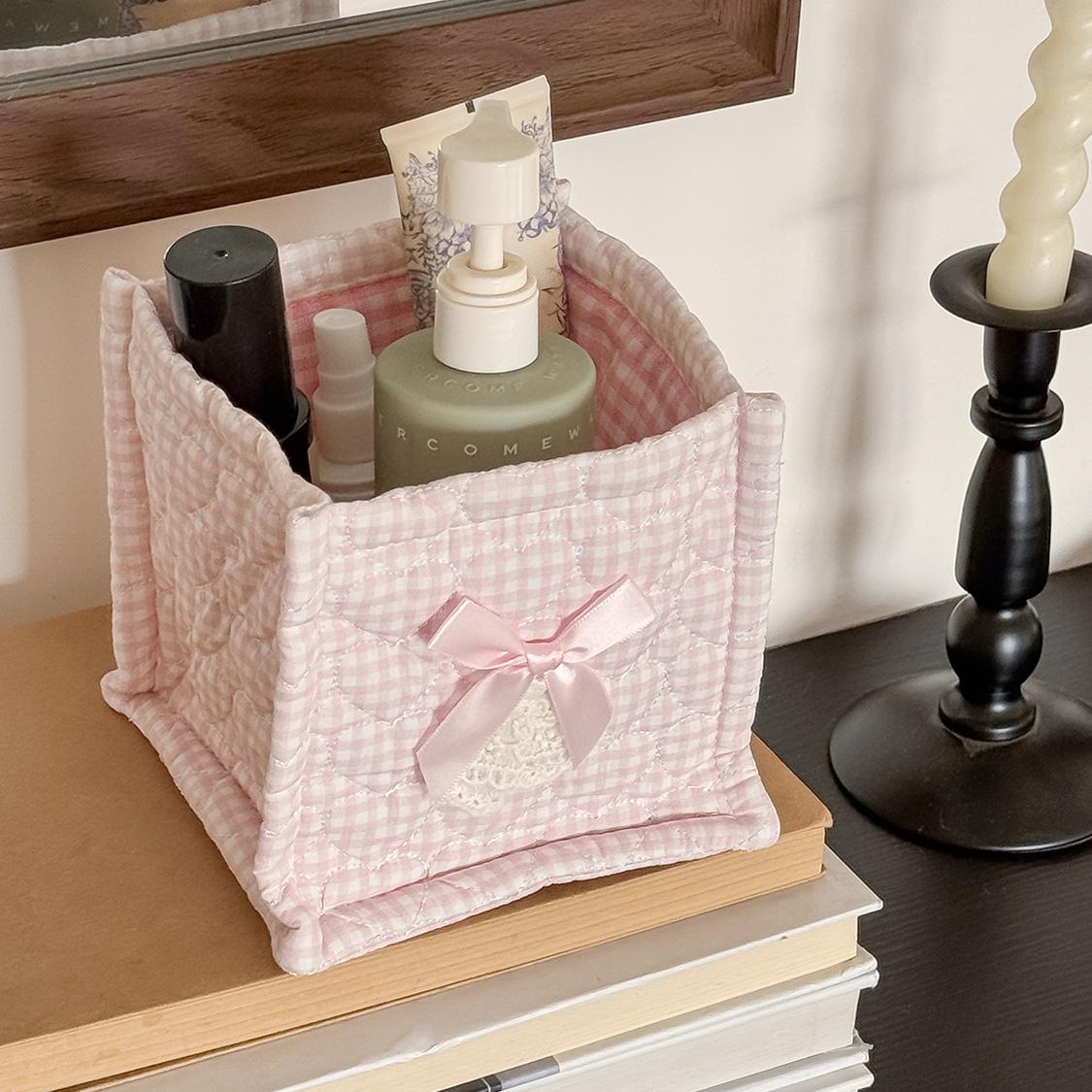 Cute butterfly quilted fabric storage basket, foldable square desktop organizer for cosmetics, skincare products, and miscellaneous items, Instagram-style floral print storage bin suitable for home, dorms, and vanity tables