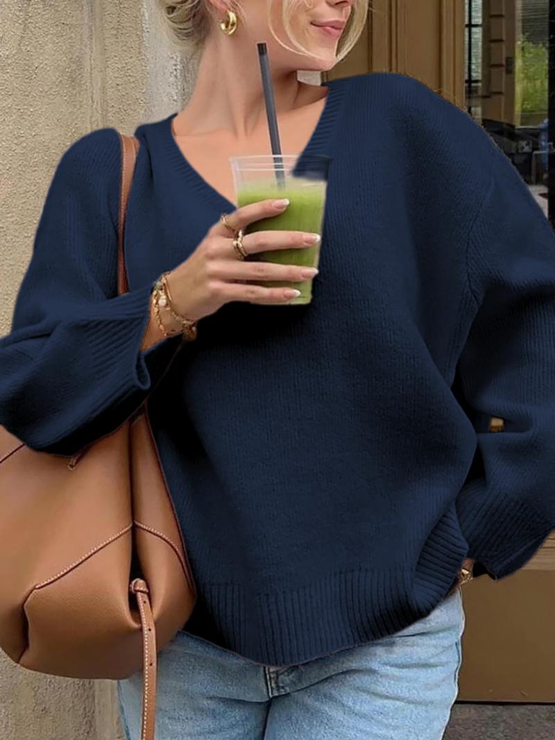 Pure Color Casual V-Neck Long Sleeve Loose Knit Sweater, Fitted Style for Fall, Comfortable and Stylish Women's Pullover