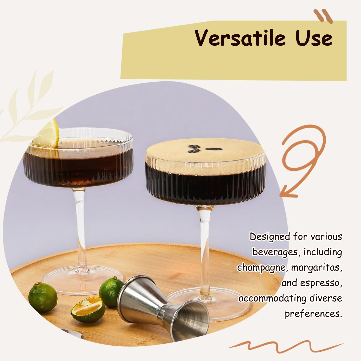 Vintage Ribbed Coupe Glass, 2/4 pcs Wine Glass Set Elegant Crystal Stripe Martini Glasses for Champagne, Margarita, Espresso, Perfect for Parties & Gifts, Drinkware