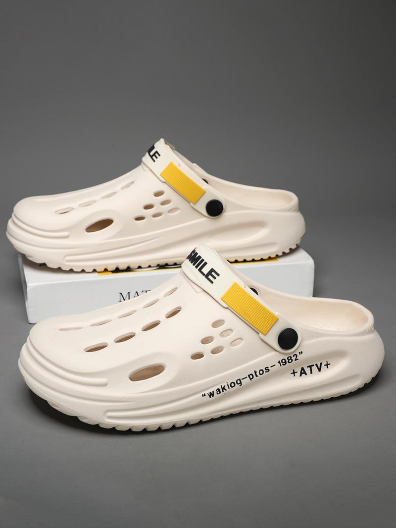 Men's Summer Casual Letter Pattern Clogs As Gift, Breathable Comfortable Clogs for Beach Party, Trendy Shoes for Indoor & Outdoor Wear