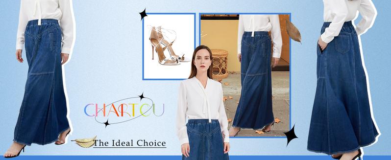 CHARTOU Women's A-line Long Denim Skirt Vintage Stretch High Waist Frayed Denim Skirt with Pockets Maxi Black