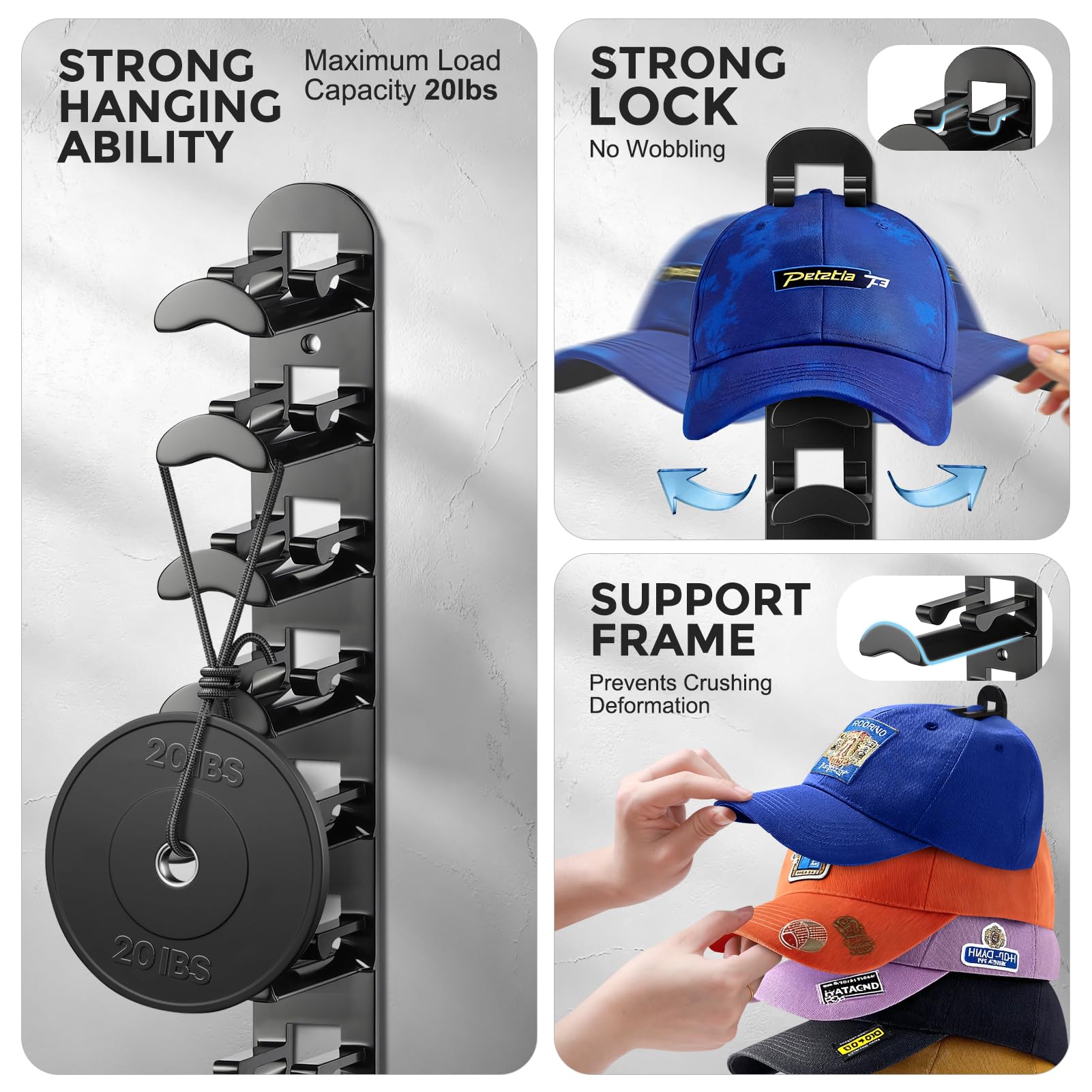 Multi-Piece Baseball Cap Storage Rack, Wall-Mounted Hat Hanger Holder Holds 20 Hats, Includes Strong Adhesive & Screws, Ideal for Door, Closet, Bedroom