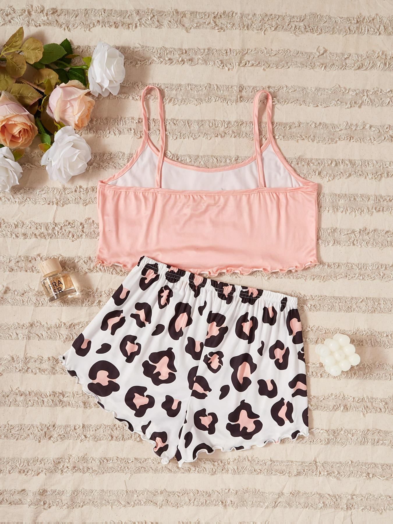 Women's 2-Piece Pajama Set, Honey Cami Top & Leopard Shorts, Loose-Fit Casual Sleepwear, Soft Comfortable Lounge