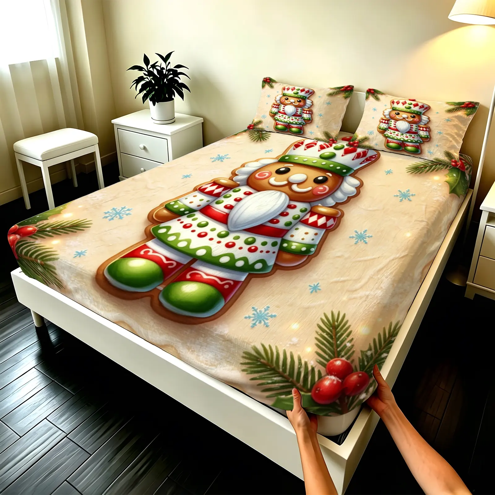 3pcs Fitted sheet Christmas Nutcracker Gingerbread Pattern Soft Microfiber Bedding Set, Wrinkle Resistant Fade Proof Breathable Cozy Bed Linens, Perfect for Christmas Holiday Bedroom Home Decor, Decorative Bedding, Fit Twin Full Queen King Size