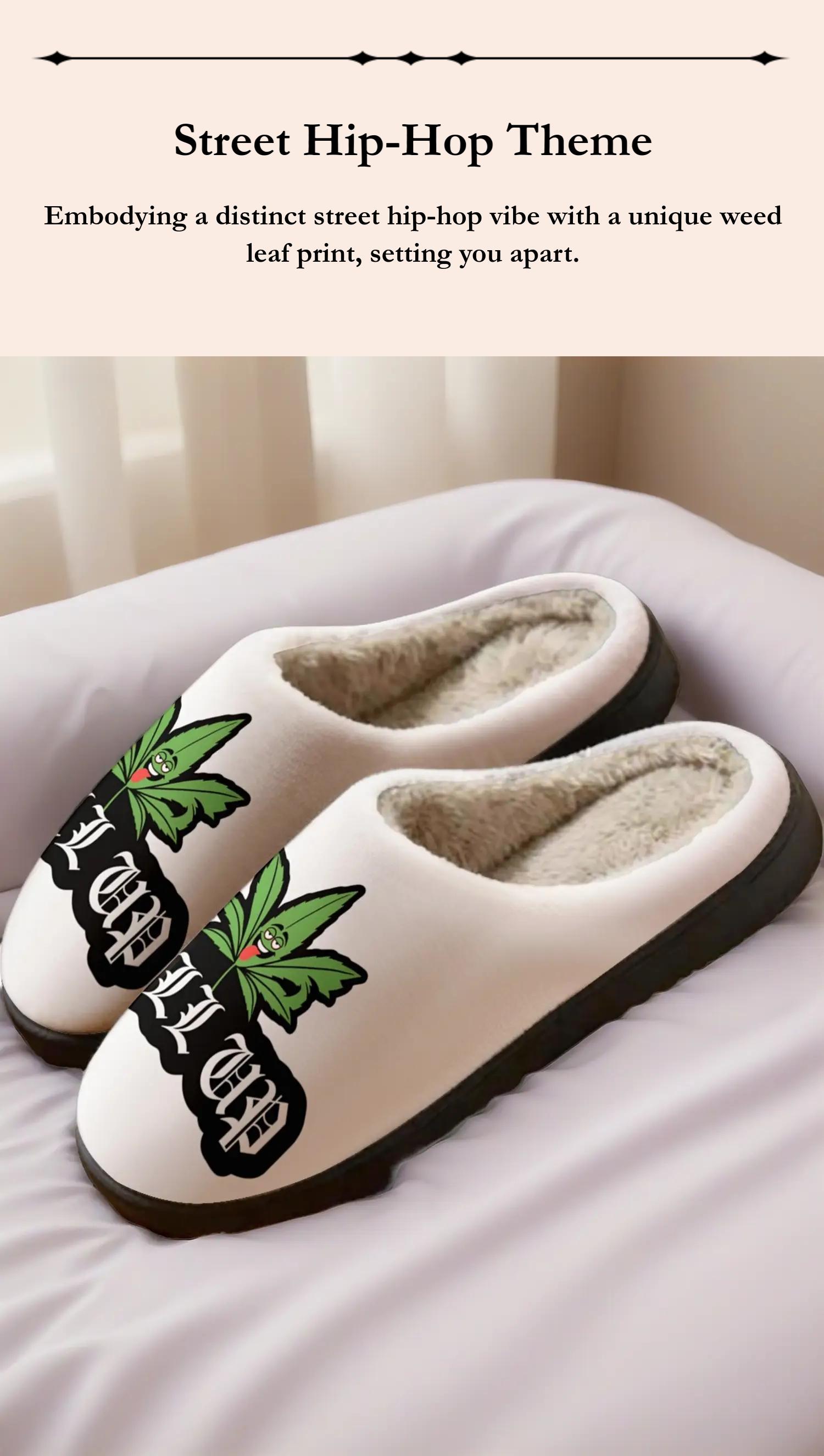 Roll Up Weed Leaf Cool Plush Slippers, Fluffy Home Slippers, Street Hip-Hop Style, Fleece Warm, Soft Feel, Winter Home Shoes for Young & Streetwear Lovers