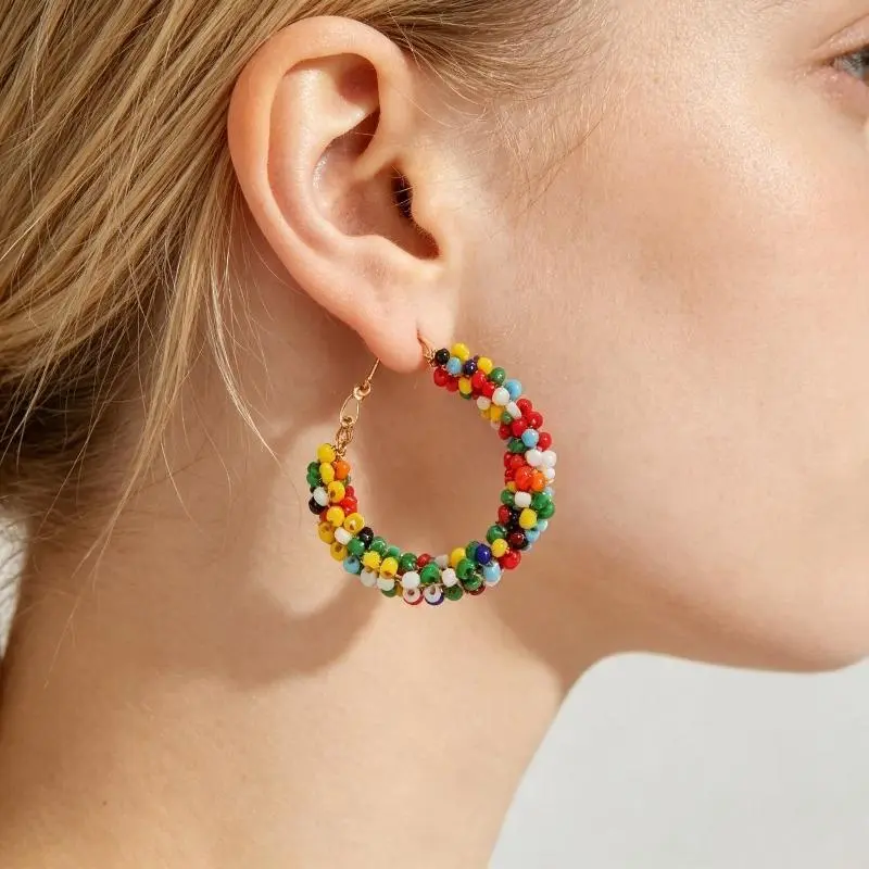 Women's 1-Pair Handmade Multicolor Rainbow Bead Wreath Hoop Earrings, Lightweight Stackable Huggie Hoops, Trendy All-Year Fashion Costume Jewelry for Casual & Holiday Wear