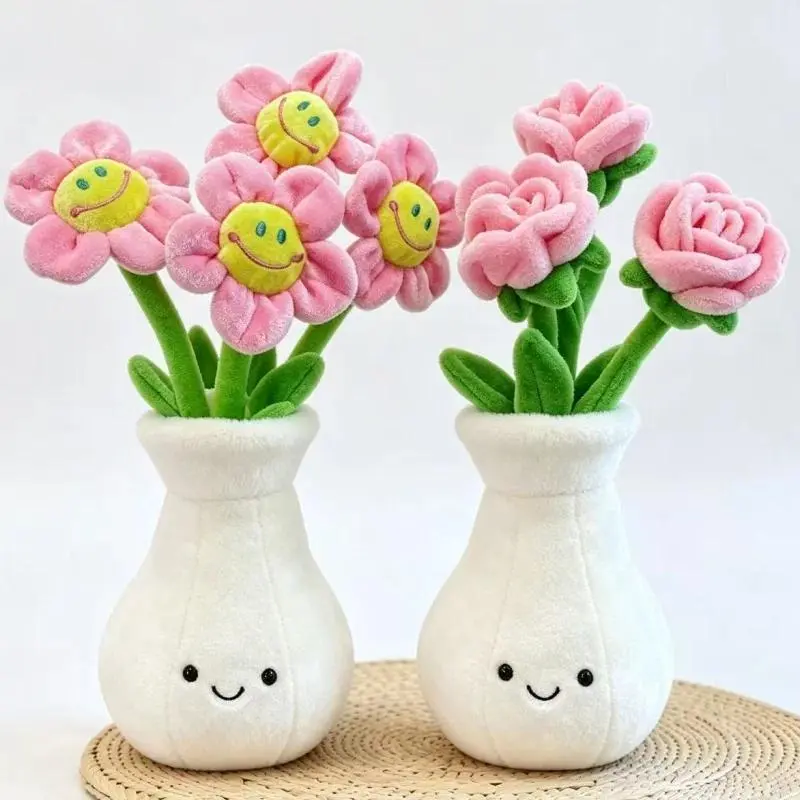 Artificial Roses and Sunflowers Cute Plush Vase Creative Bouquets Home Decor Mother Wedding Birthday Graduation Gifts