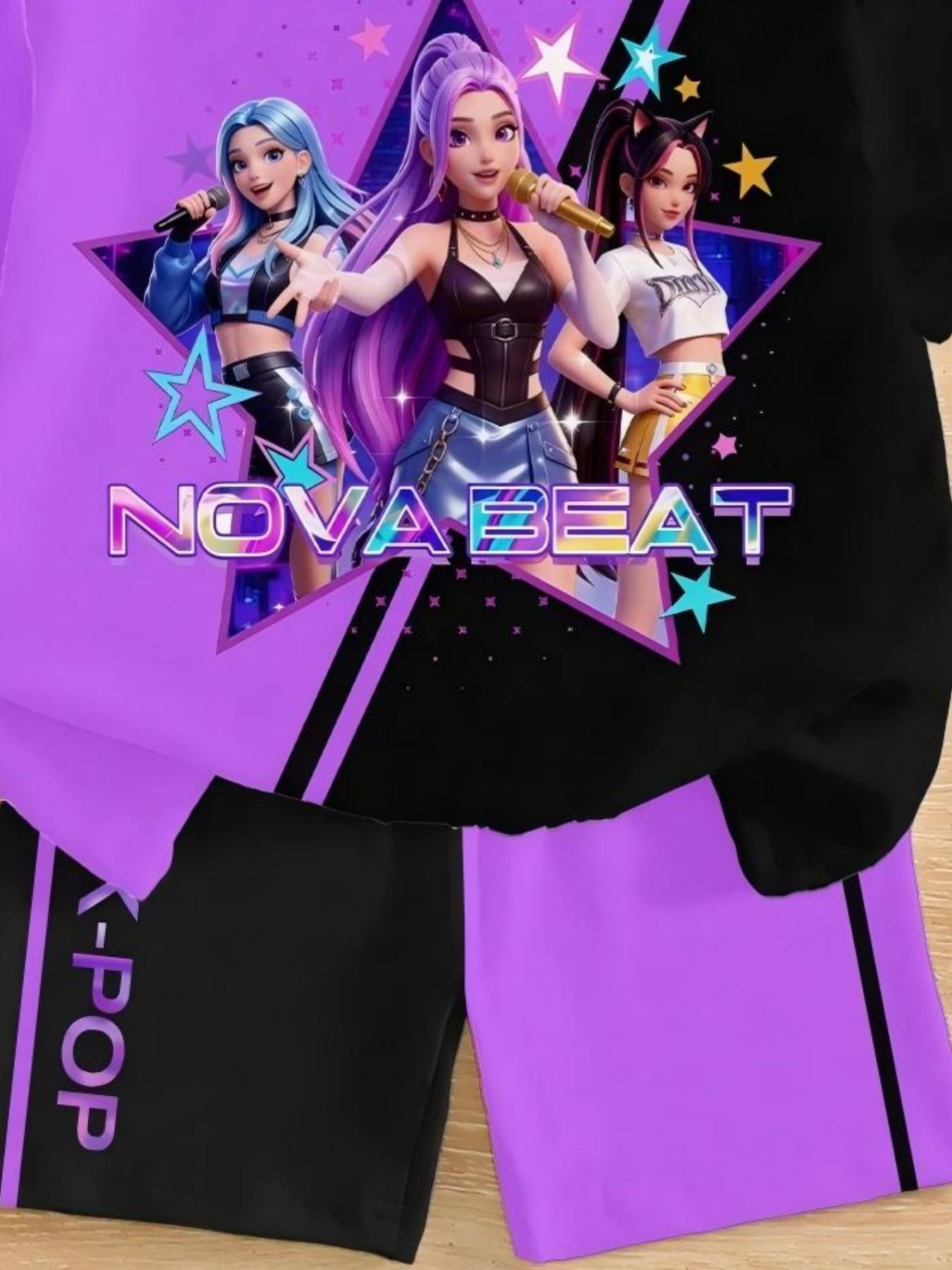 K-Pop New Star Theme Girl Two-Piece Set, Gradient Short Sleeve T-Shirt & High-Waisted Tight Fit Shorts, Casual All Seasons