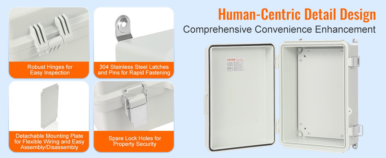 VEVOR Outdoor Electrical Junction Box, 11.81x 7.87x 7.08 in, ABS Plastic Electrical Enclosure Box with Hinged Cover Stainless Steel Latch, IP67 Dustproof Waterproof for Outdoor Electrical Projects