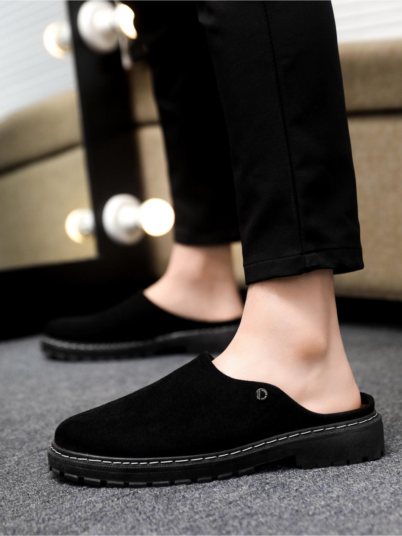 Black frosted toe cap mules - thick-soled, flat-heeled casual commuting men's loafers, Birkenstocks