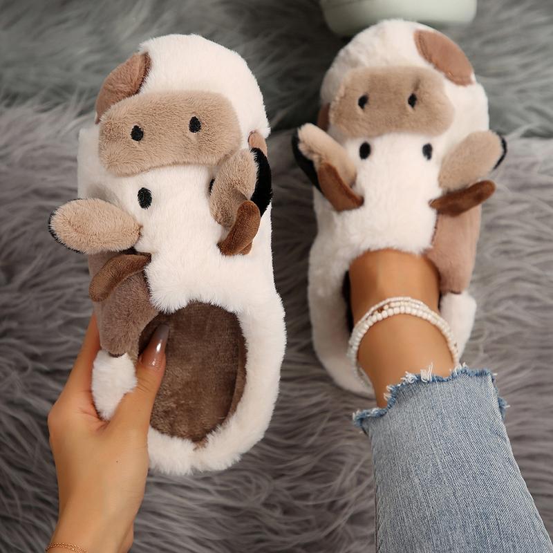 Cow Slippers for Women Kawaii Fluffy Animal Slippers Soft Cotton House Shoes for Indoor and Outdoor