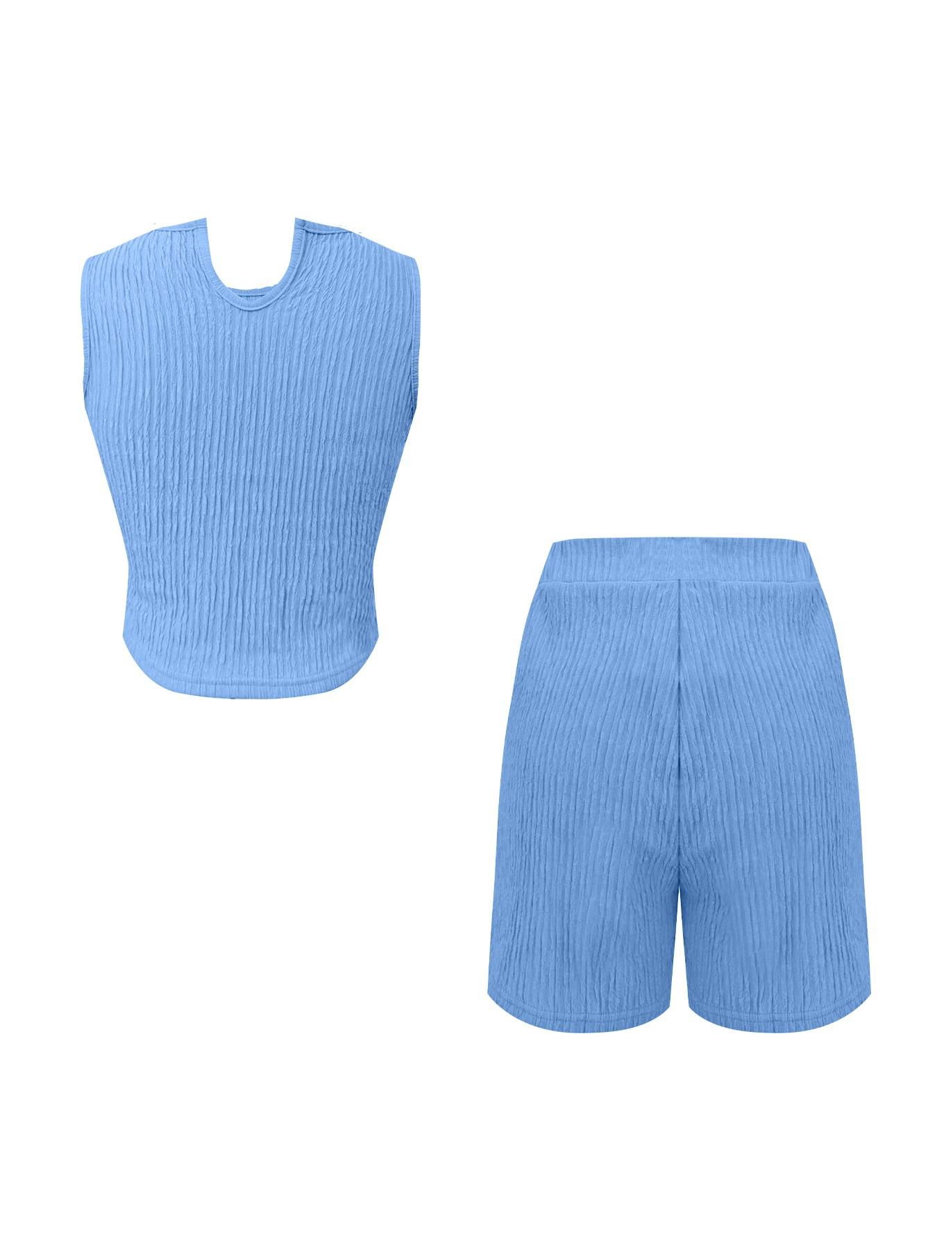 Women's Simple Fashion Solid Color Sporty Casual Tank Top and Shorts Set, Fitted Plain Style Crop Length Non-Outer Vest