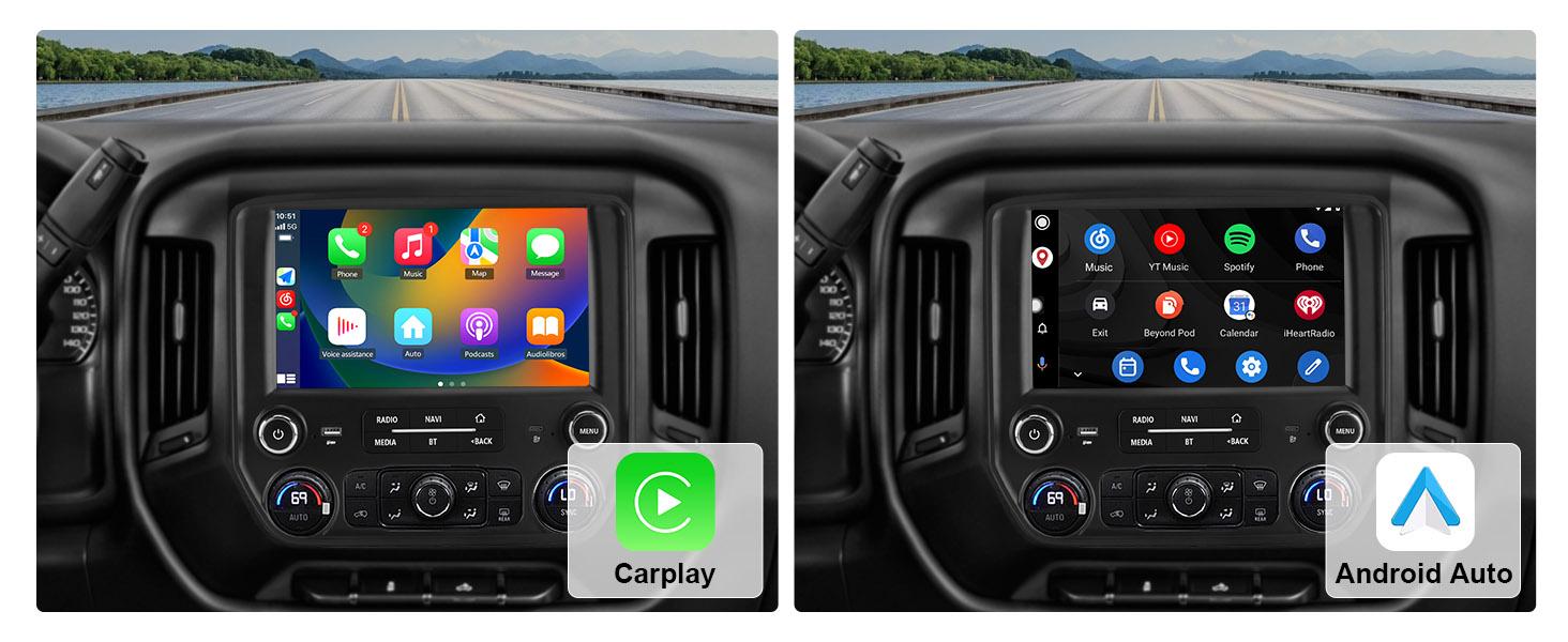 Car Stereo for Chevy Silverado GMC Sierra 2014-2018 touch screen has Android Auto Wireless Carplay, Bluetooth WIFI supports GPS Navigation (With Bose system, you need to purchase an additional fiber optic box! ! !）