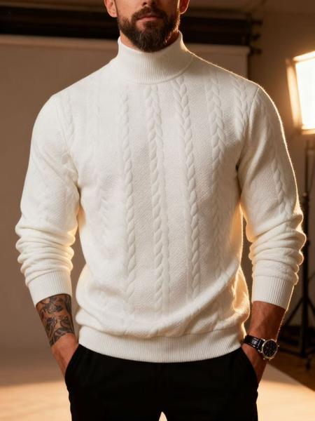 Men's solid color knitted jacquard turtleneck sweater is comfortable, warm and windproof, and can be layered. Casual, comfortable, regular slim fit long-sleeved sweatshirt, suitable for autumn and winter wear, and for men's daily outfits.