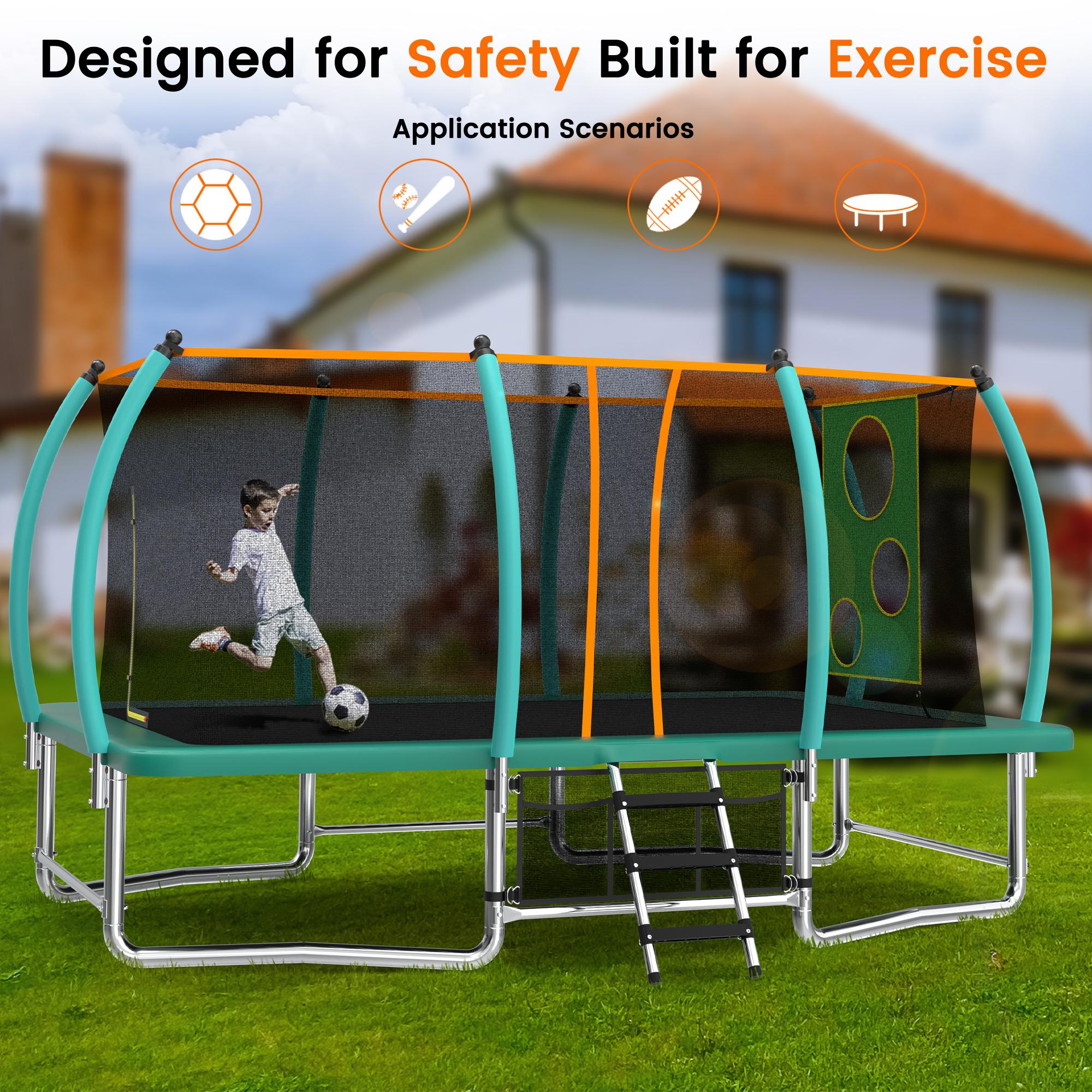 Extra Large 8x14FT (168x96x107.87in) Galvanized Metal Outdoor Rectangular Tumbling Trampoline, PE Material Net, UV Test Passed, Foam Padded Poles, ASTM Certified, 264.55lbs Capacity, Double Security, for Family, 100% Satisfaction Service, Uv Protection, D