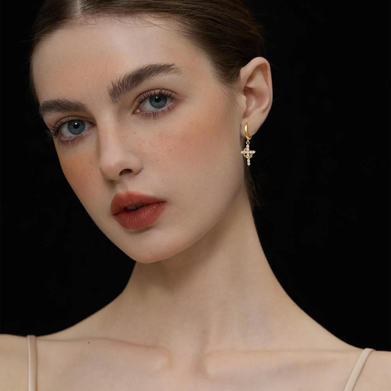 Tewiky Colorful Crown Cross Earrings For Women Dainty CZ Cross Pendant Earrings Hypoallergenic Non Tarnish Earrings Trendy Jewelry Christian Gift For Girls For Easter